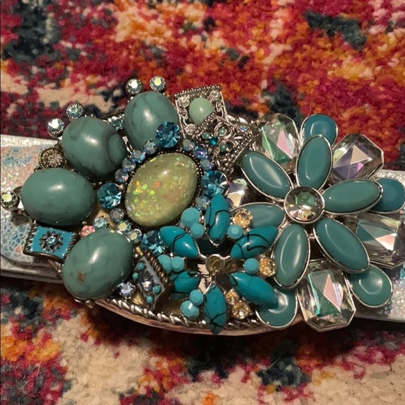 Cochni Real Leather Blue Rhinestone Buckle Belt - Picture 1 of 5